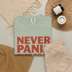Never Panic Just Pray T‑Shirt — Retro Sunset Faith Tee