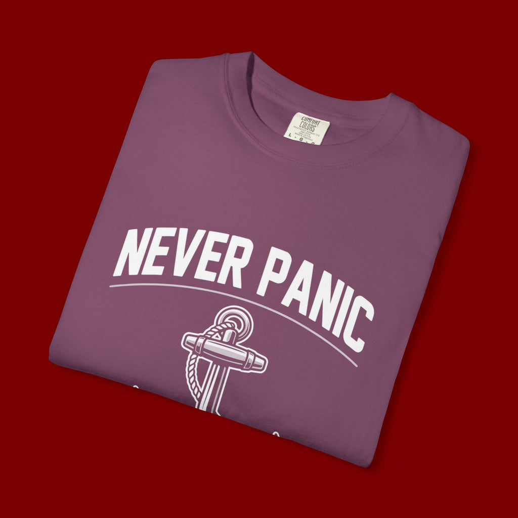 T-Shirt — "Never Panic Just Pray" Anchor Christian Faith Tee