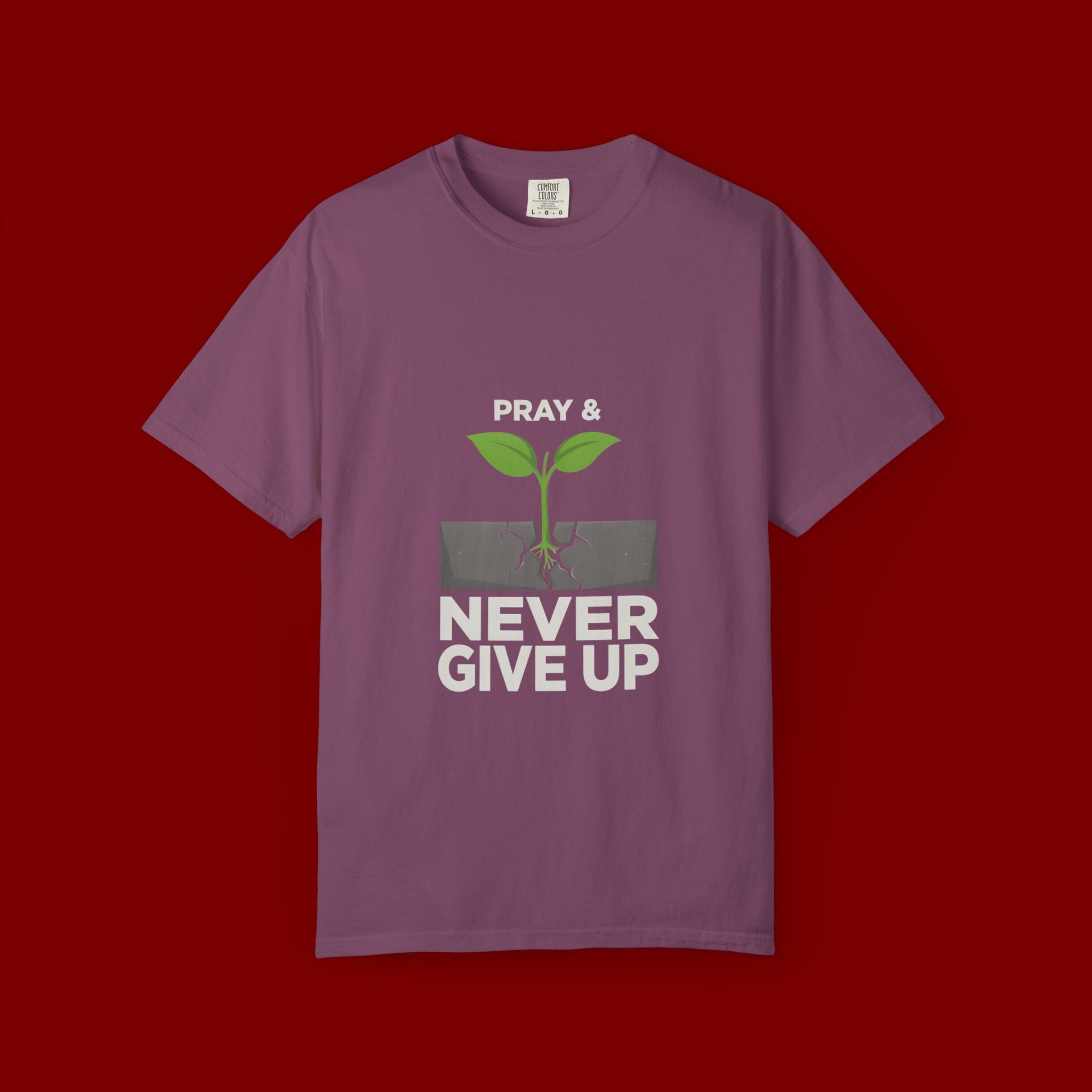 Pray & Never Give Up T-Shirt – Inspirational Faith Tee with Sprout Graphic