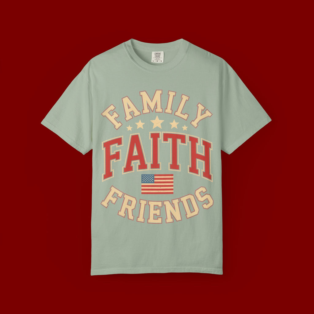 Family Faith Friends T-Shirt — Patriotic American Flag Tee