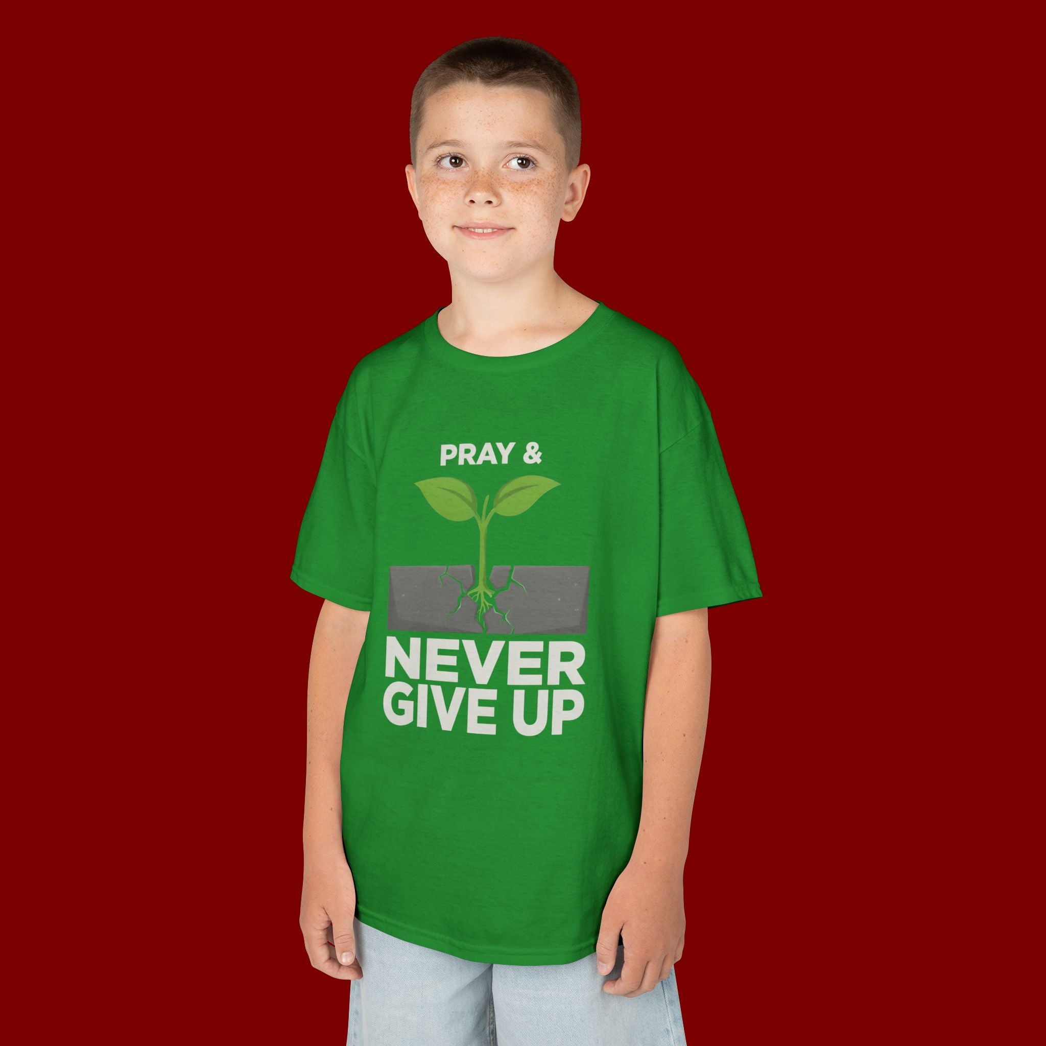 Kids Tee – "Pray & Never Give Up" Inspirational Plant Graphic
