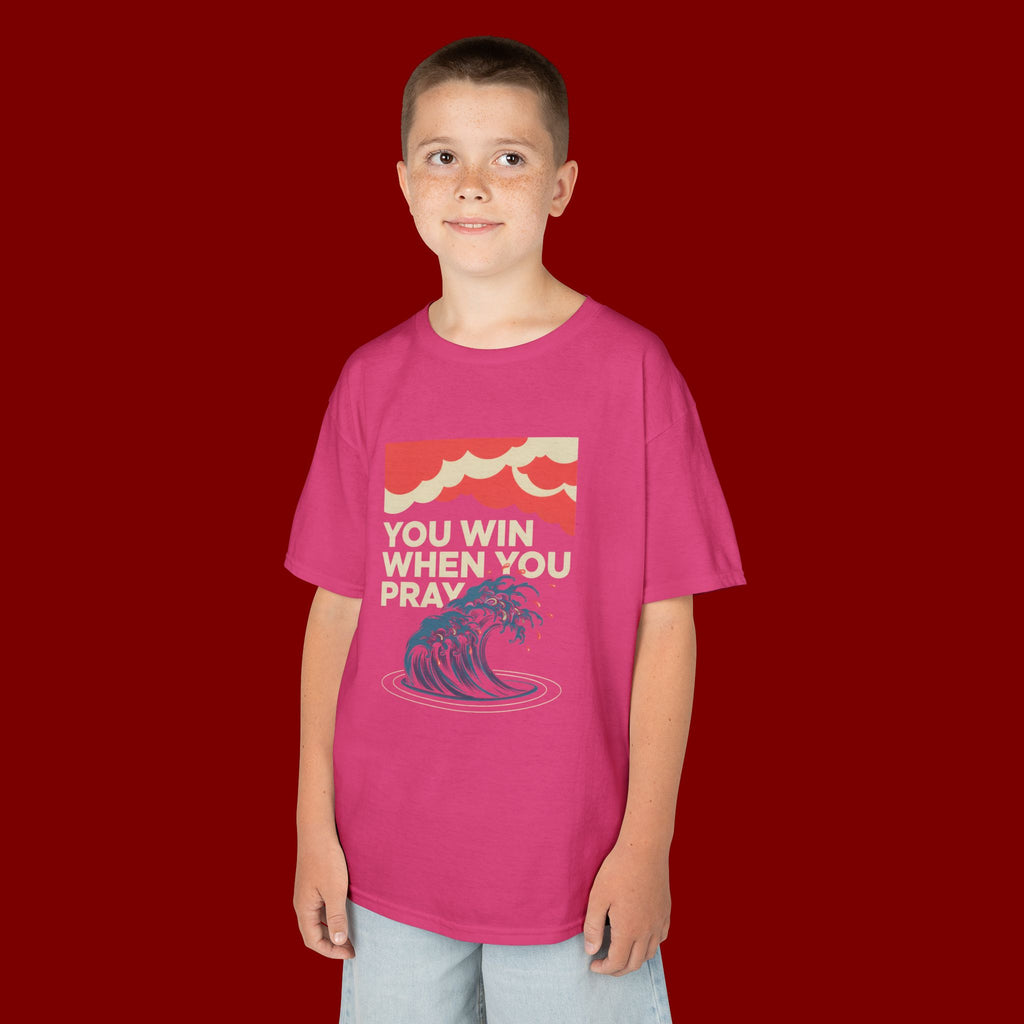 Kids Tee – “You Win When You Pray” Retro Wave Ocean Graphic