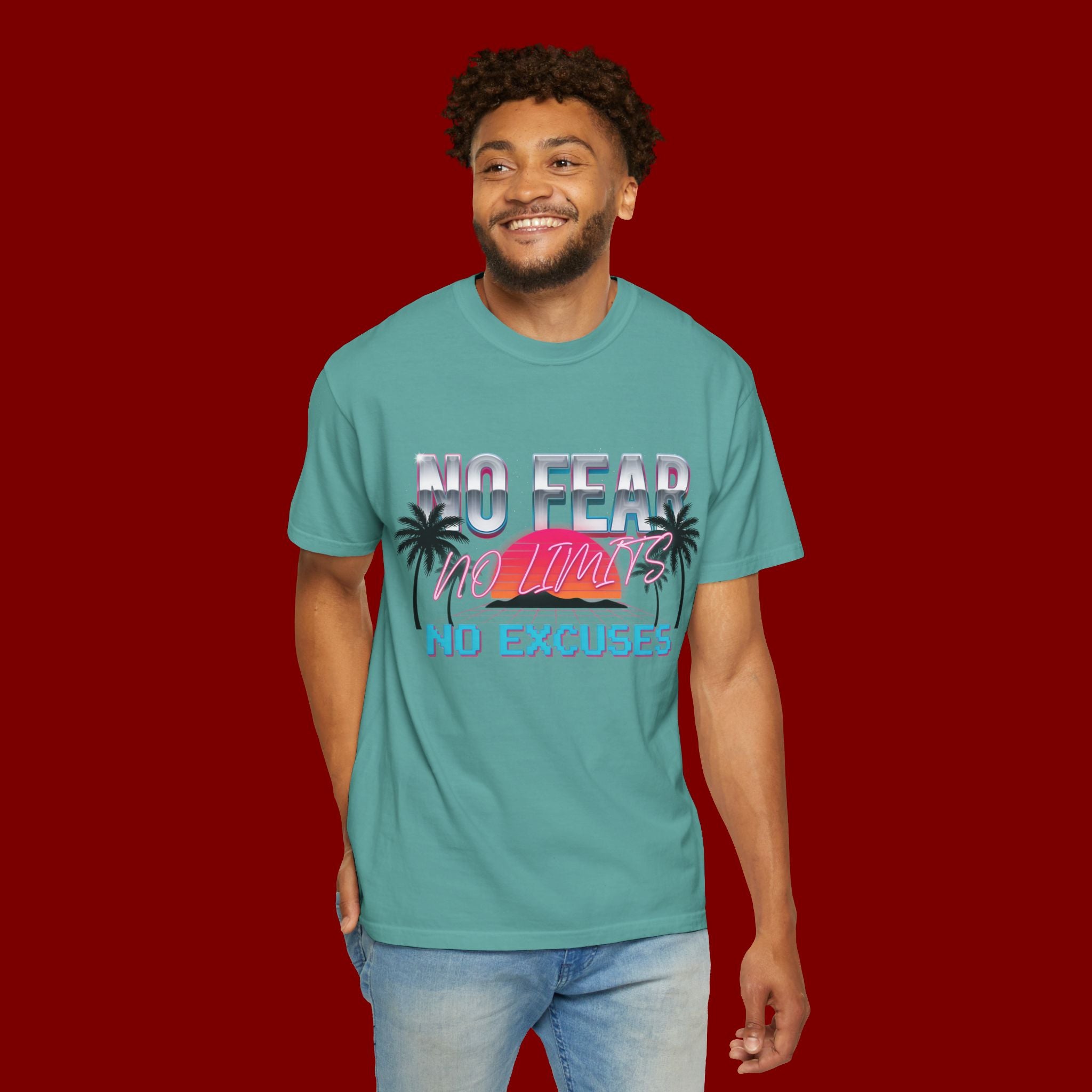 No Fear, No Excuses T-Shirt — Retro Sunset Palm Graphic Tee