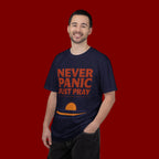 Never Panic Just Pray T‑Shirt — Retro Sunset Faith Tee