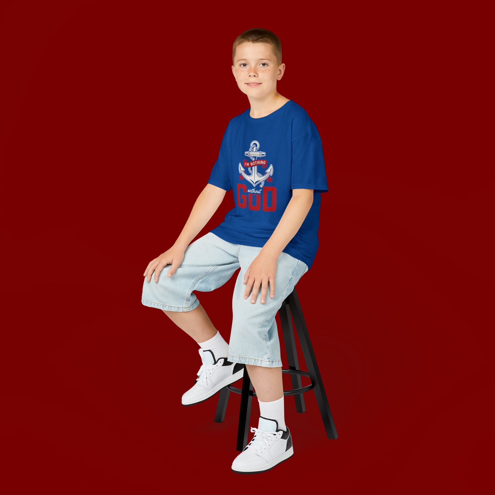 Kids Anchor T‑Shirt – "I'm Nothing Without God" Christian Tee for Boys & Girls