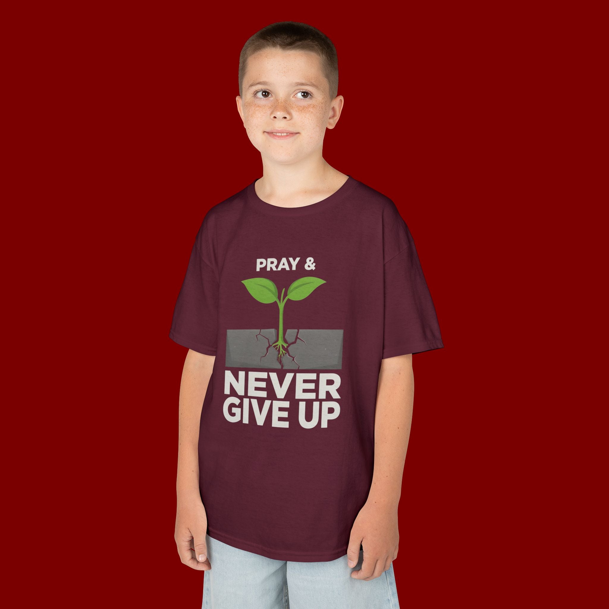 Kids Tee – "Pray & Never Give Up" Inspirational Plant Graphic