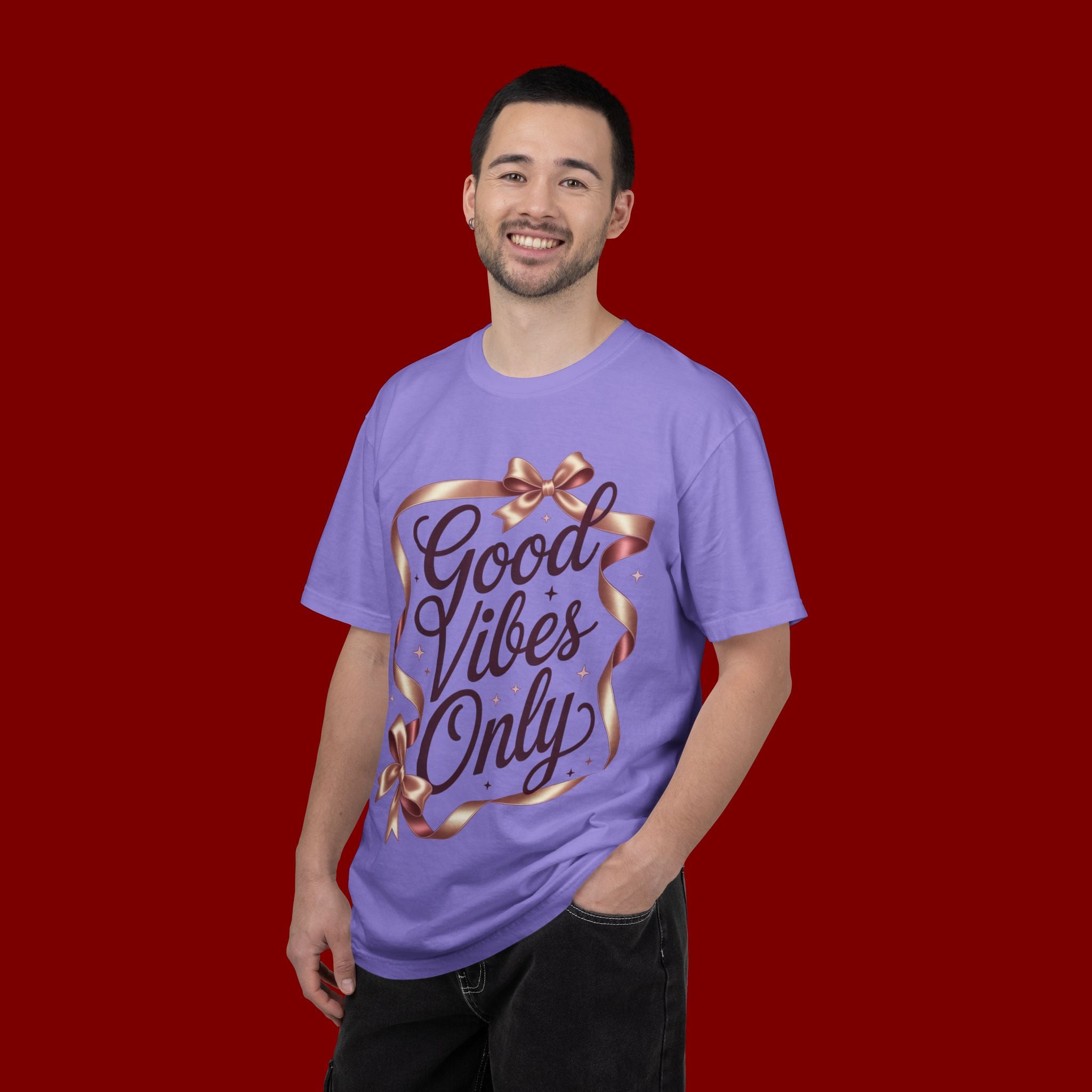 Good Vibes Only T-Shirt — Positive Message Graphic Tee with Ribbon Design