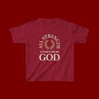 Kids T-Shirt – "All Strength Comes From God" Faith Tee for Boys & Girls