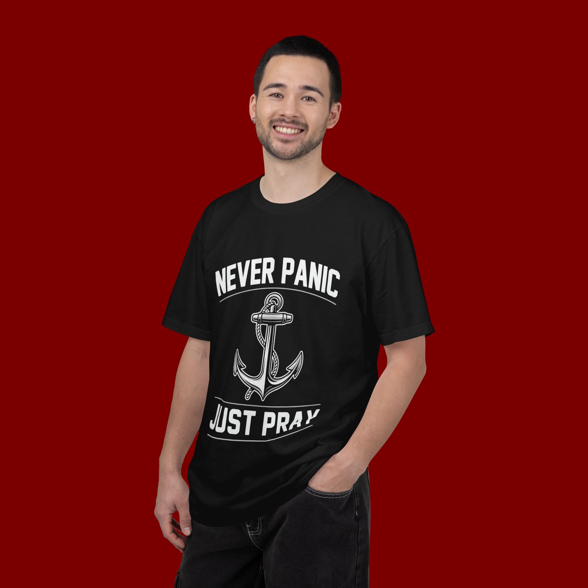T-Shirt — "Never Panic Just Pray" Anchor Christian Faith Tee