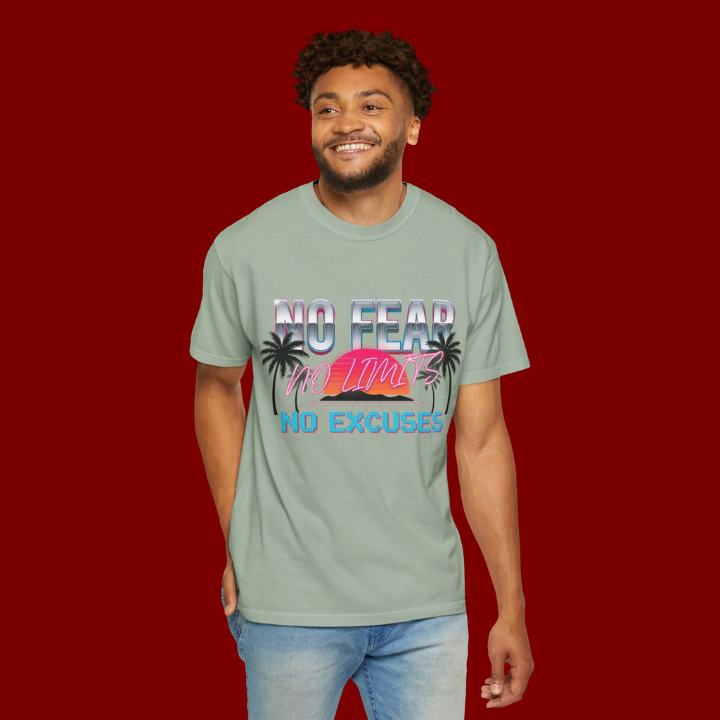 No Fear, No Excuses T-Shirt — Retro Sunset Palm Graphic Tee