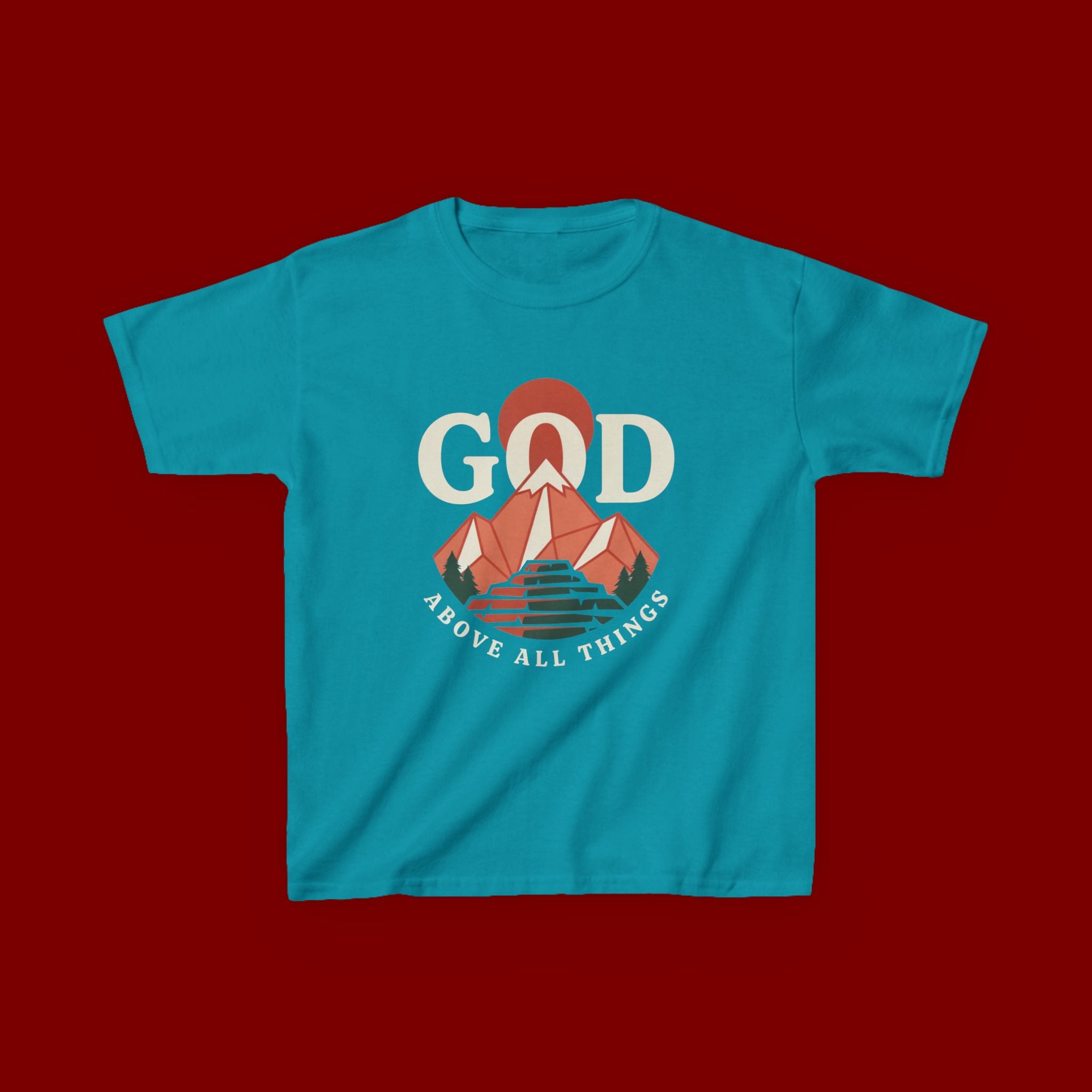Kids Tee – 'GOD' Mountain Sunrise Faith Graphic