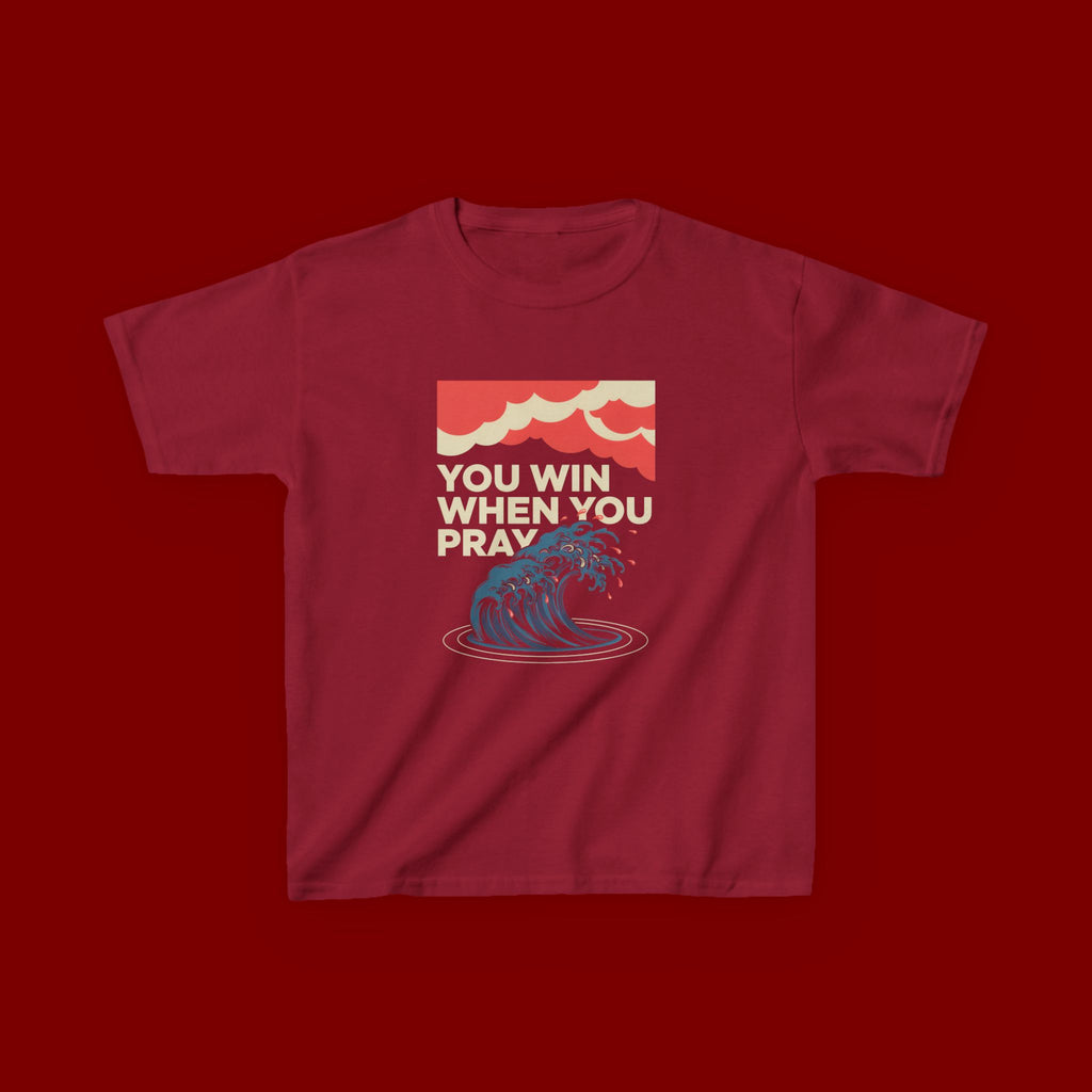 Kids Tee – “You Win When You Pray” Retro Wave Ocean Graphic