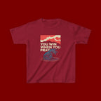 Kids Tee – “You Win When You Pray” Retro Wave Ocean Graphic