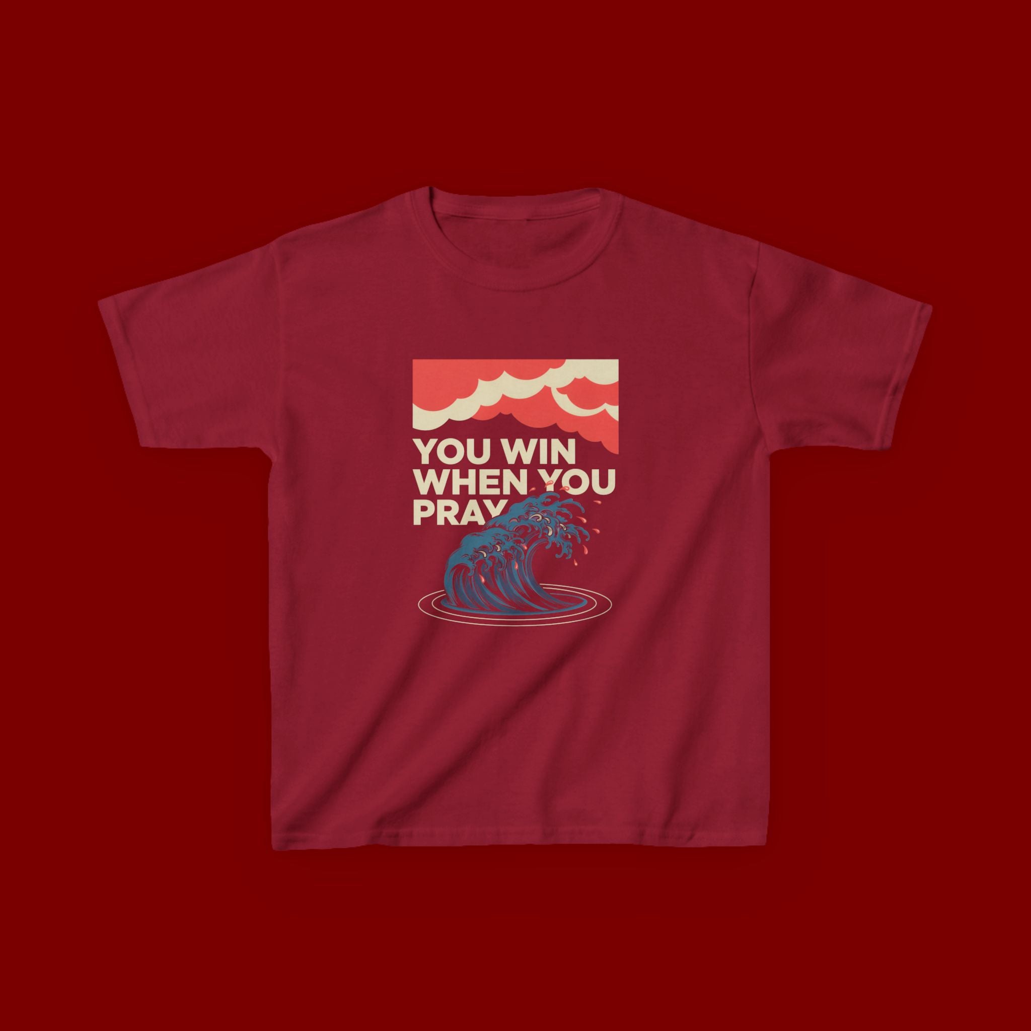 Kids Tee – “You Win When You Pray” Retro Wave Ocean Graphic