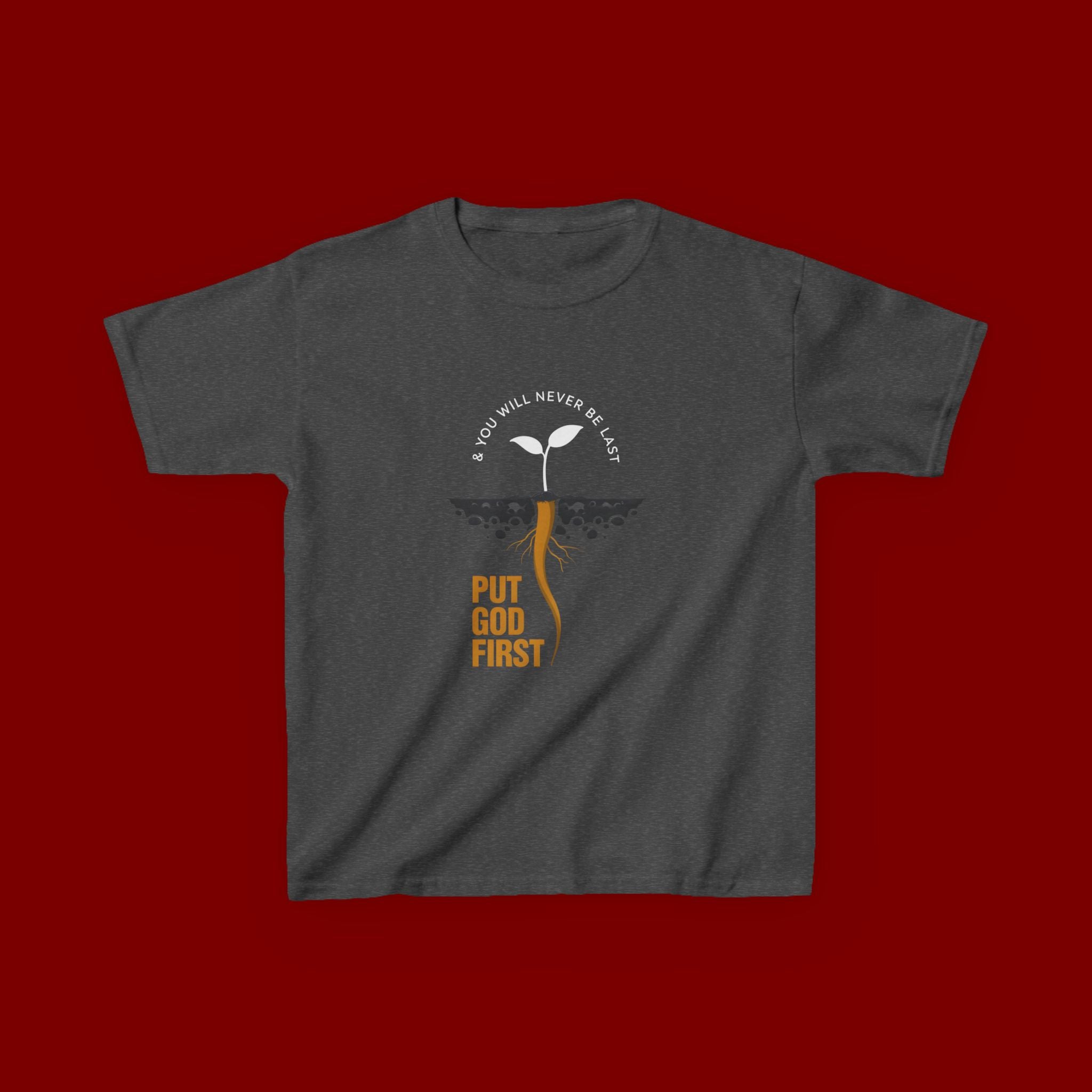 Kids T‑Shirt — 'Put God First' Religious Sprout Graphic Tee (Christian Youth)