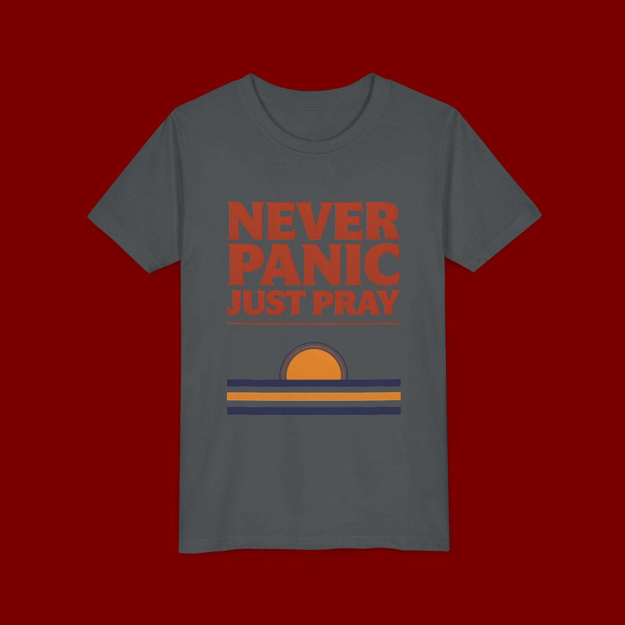 Youth Tee — "Never Panic Just Pray" Retro Sunset Kids T-Shirt