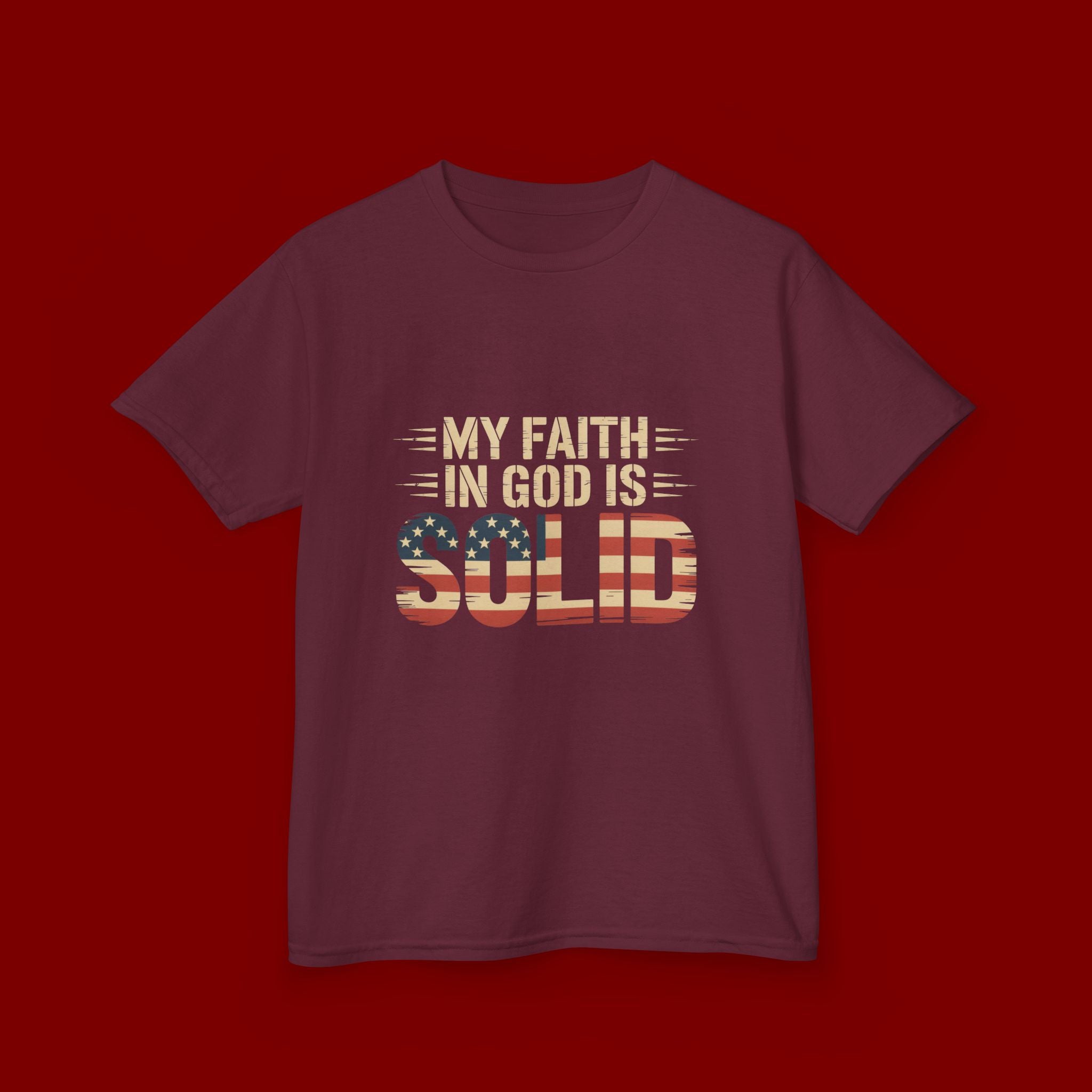 Kids Tee — "My Faith in God is Solid" Patriotic Christian T-Shirt