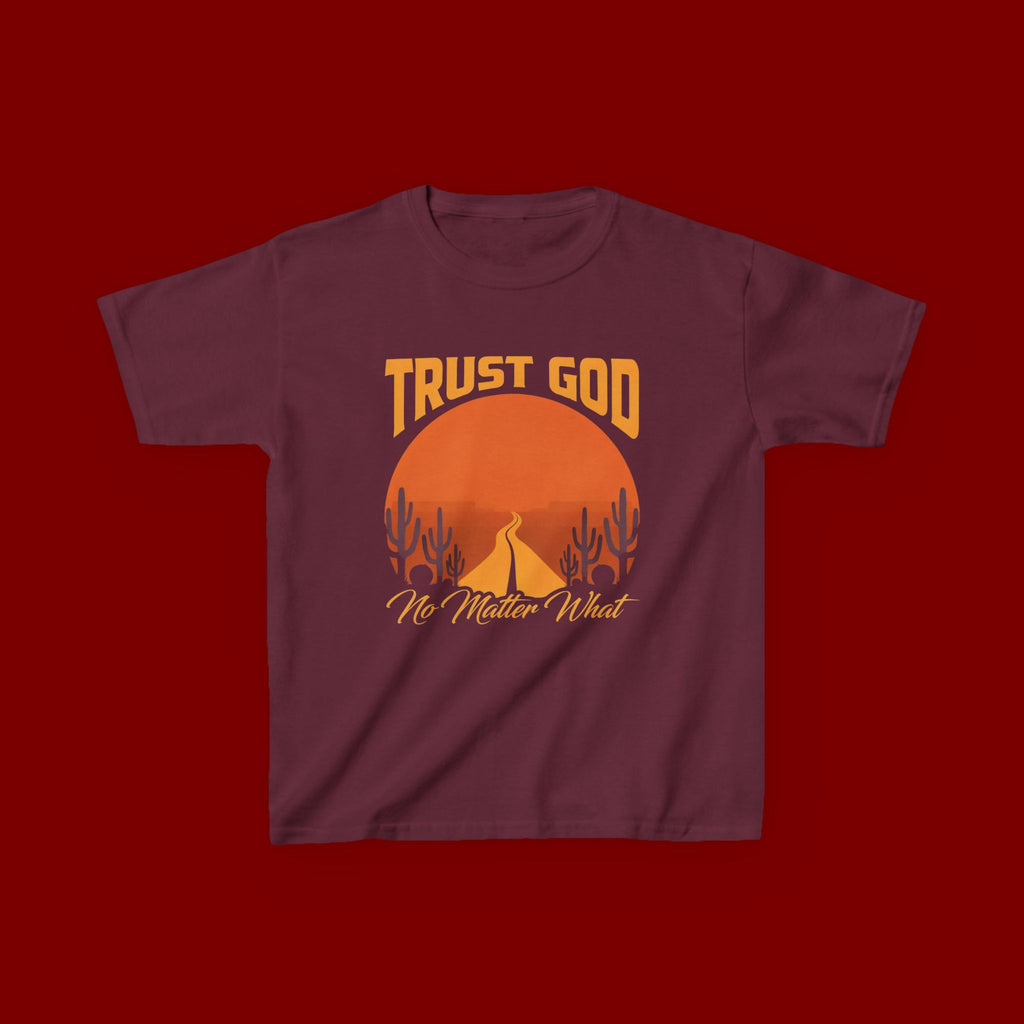 Kids Tee — "Trust God No Matter What" Sunset Camping Graphic