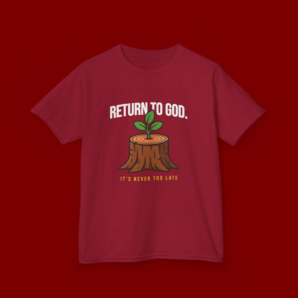 Return to God Kids T-Shirt – Tree Stump with Sprout, “It’s Never Too Late” Inspirational Youth Tee