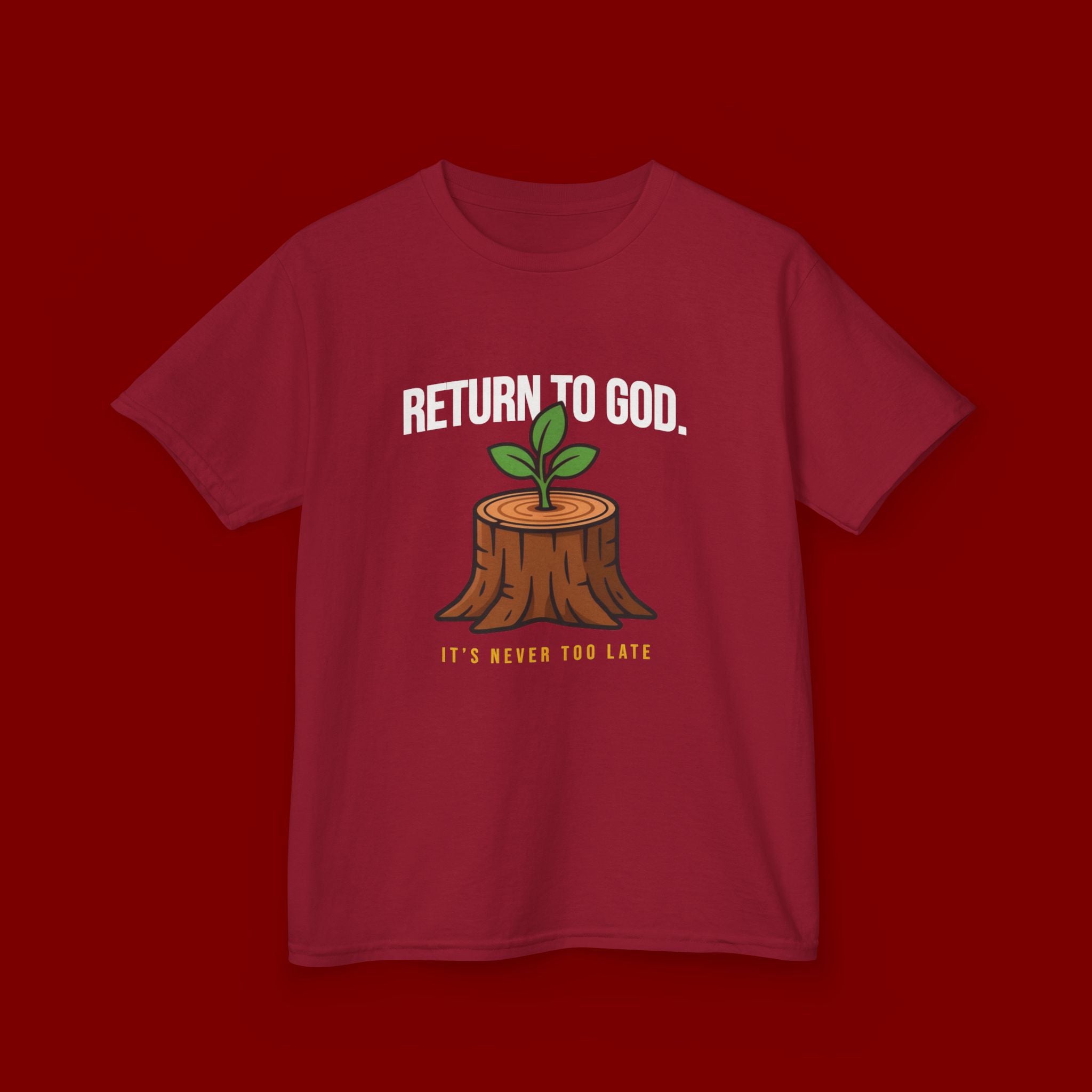 Return to God Kids T-Shirt – Tree Stump with Sprout, “It’s Never Too Late” Inspirational Youth Tee