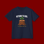 Return to God Kids T-Shirt – Tree Stump with Sprout, “It’s Never Too Late” Inspirational Youth Tee