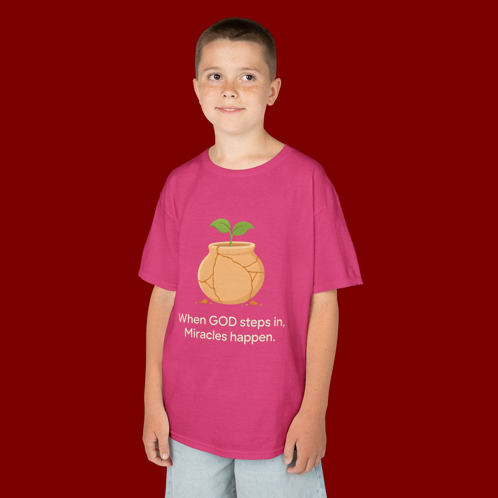 Kids Tee — "When GOD steps in, Miracles happen." Inspirational Christian T‑Shirt with Sprout Pot Design