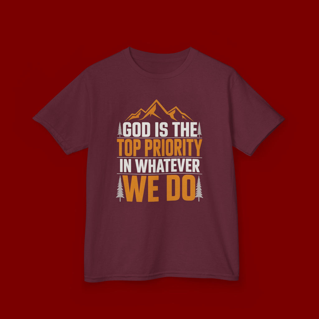 Kids Tee - "God Is the Top Priority in Whatever We Do" Faith Mountain Graphic