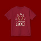 Kids T-Shirt – "All Strength Comes From God" Faith Tee for Boys & Girls