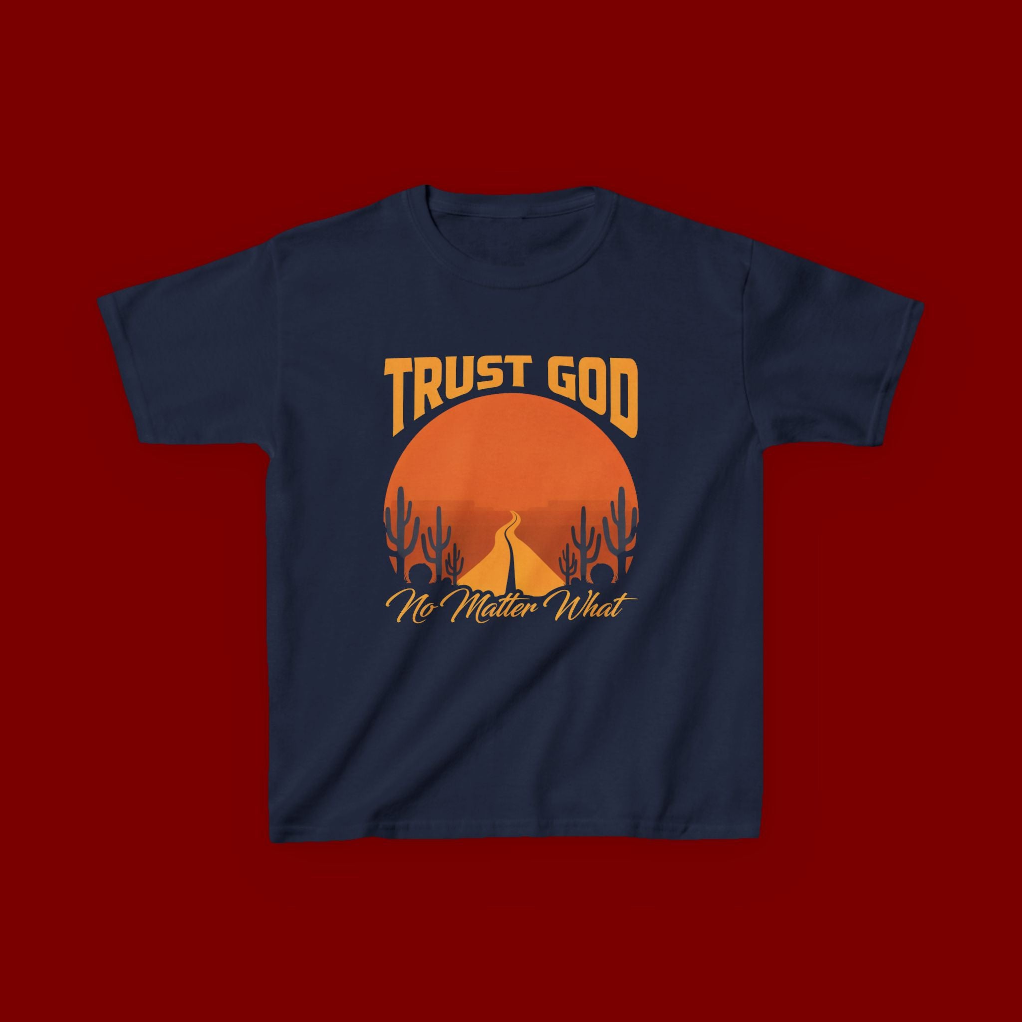 Kids Tee — "Trust God No Matter What" Sunset Camping Graphic