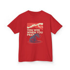 Kids Tee – “You Win When You Pray” Retro Wave Ocean Graphic