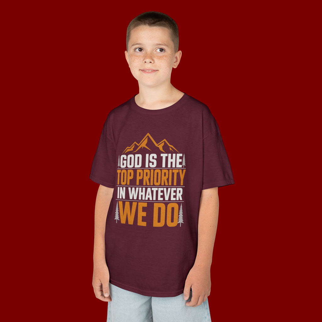 Kids Tee - "God Is the Top Priority in Whatever We Do" Faith Mountain Graphic