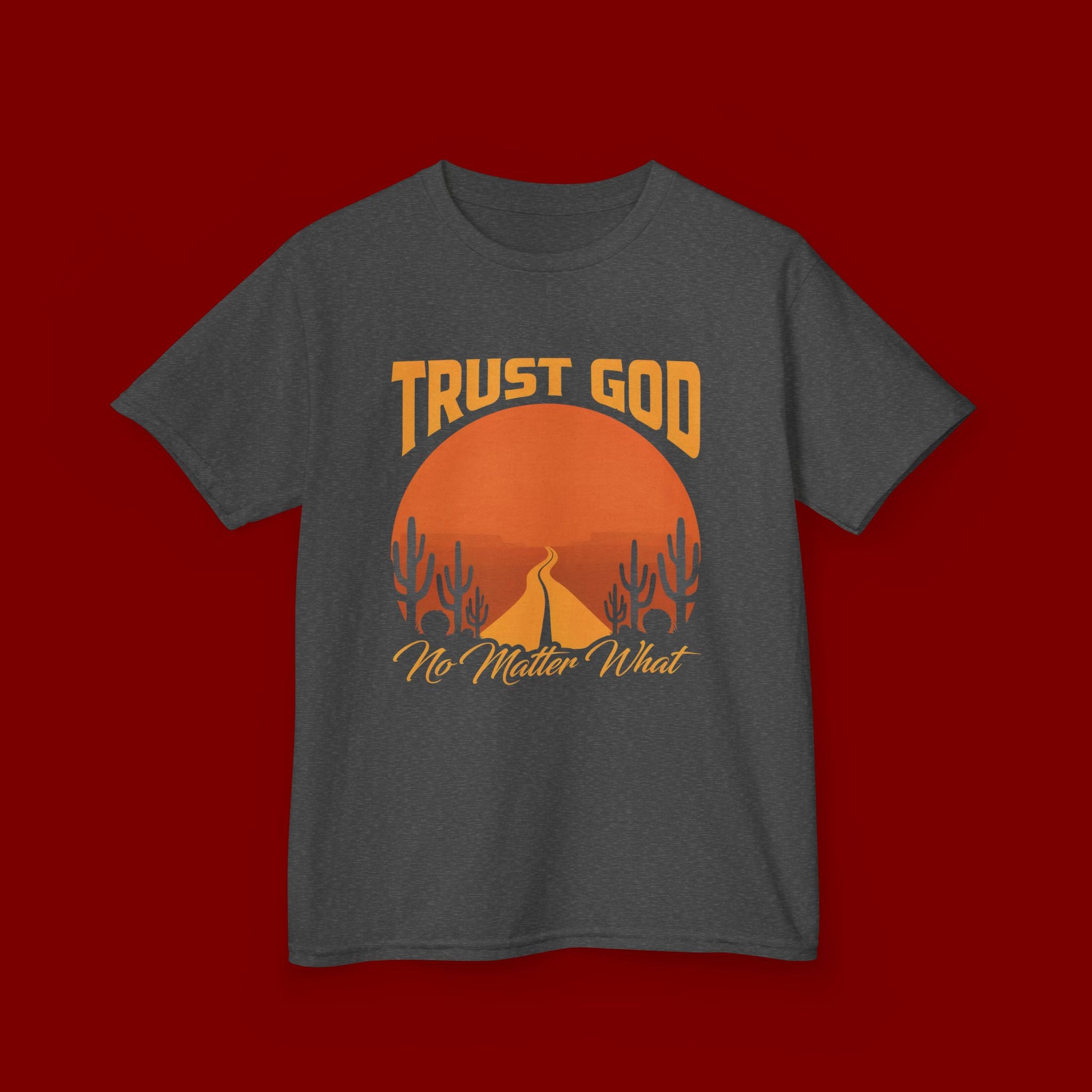 Kids Tee — "Trust God No Matter What" Sunset Camping Graphic