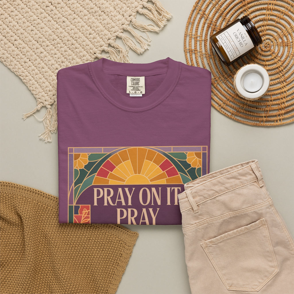 T-Shirt — Retro Sunset Floral Graphic “Play On It, Pray Over It, Pray Through It”