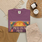 T-Shirt — Retro Sunset Floral Graphic “Play On It, Pray Over It, Pray Through It”
