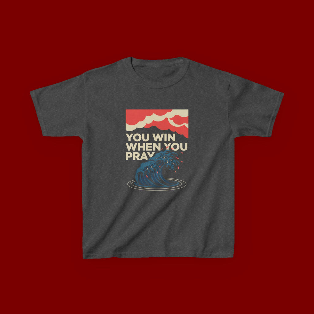 Kids Tee – “You Win When You Pray” Retro Wave Ocean Graphic