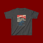 Kids Tee – “You Win When You Pray” Retro Wave Ocean Graphic