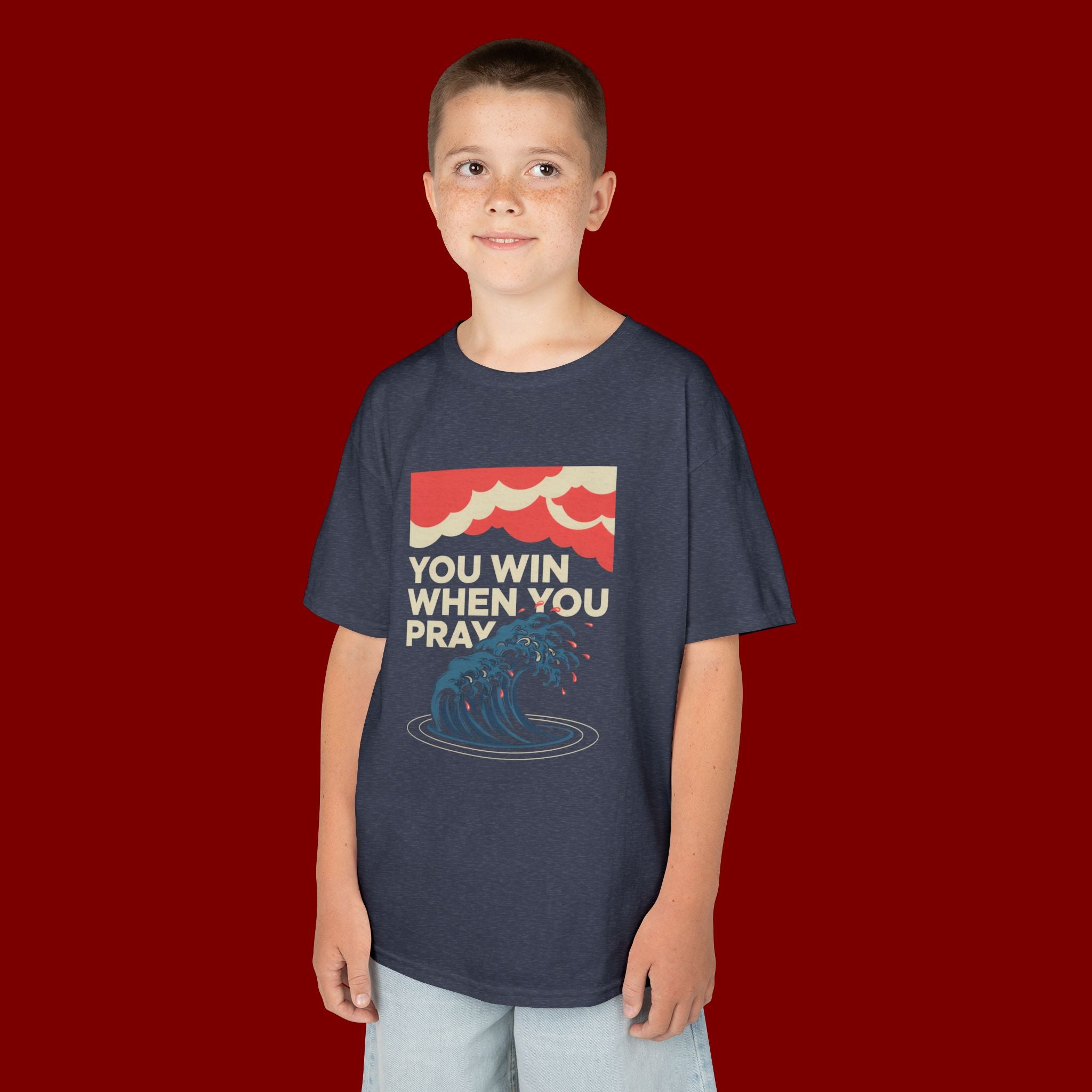 Kids Tee – “You Win When You Pray” Retro Wave Ocean Graphic