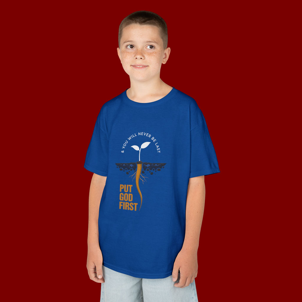 Kids T‑Shirt — 'Put God First' Religious Sprout Graphic Tee (Christian Youth)