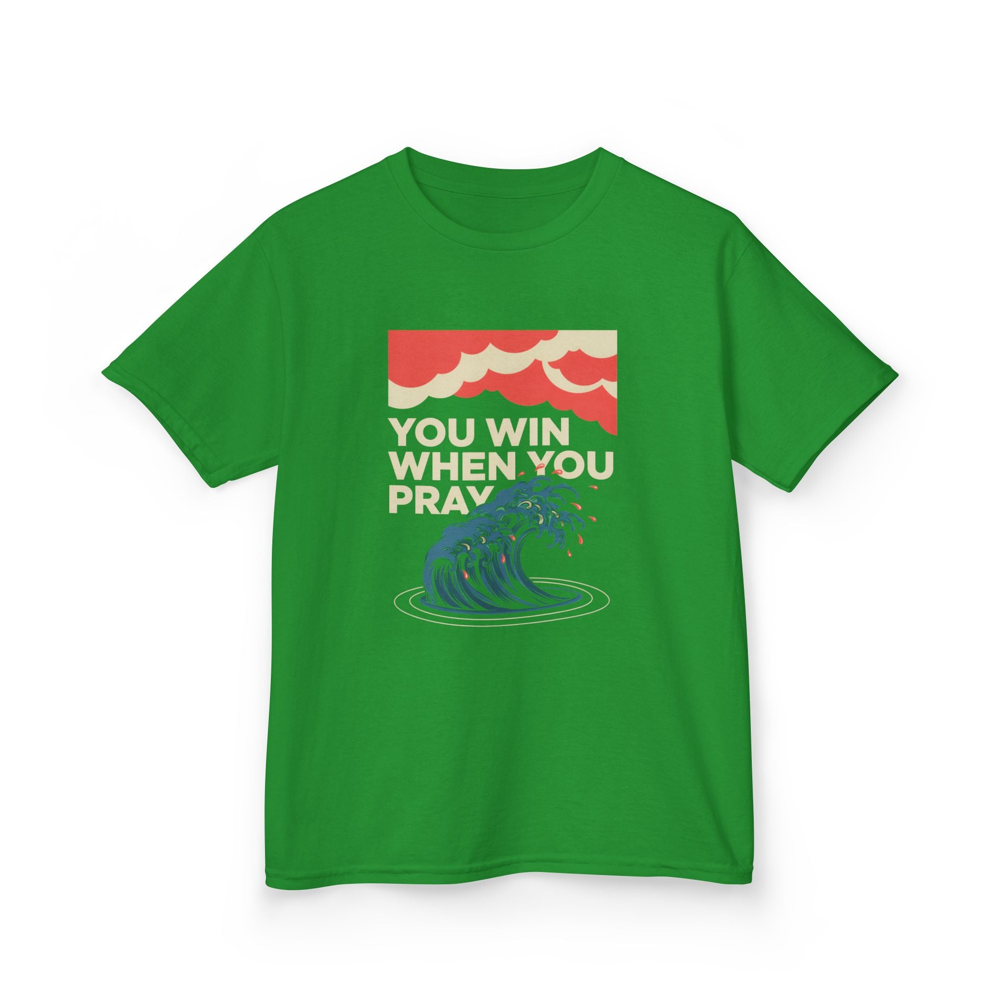 Kids Tee – “You Win When You Pray” Retro Wave Ocean Graphic