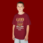 Kids Tee — "God Will Never Abandon You" Faith Graphic