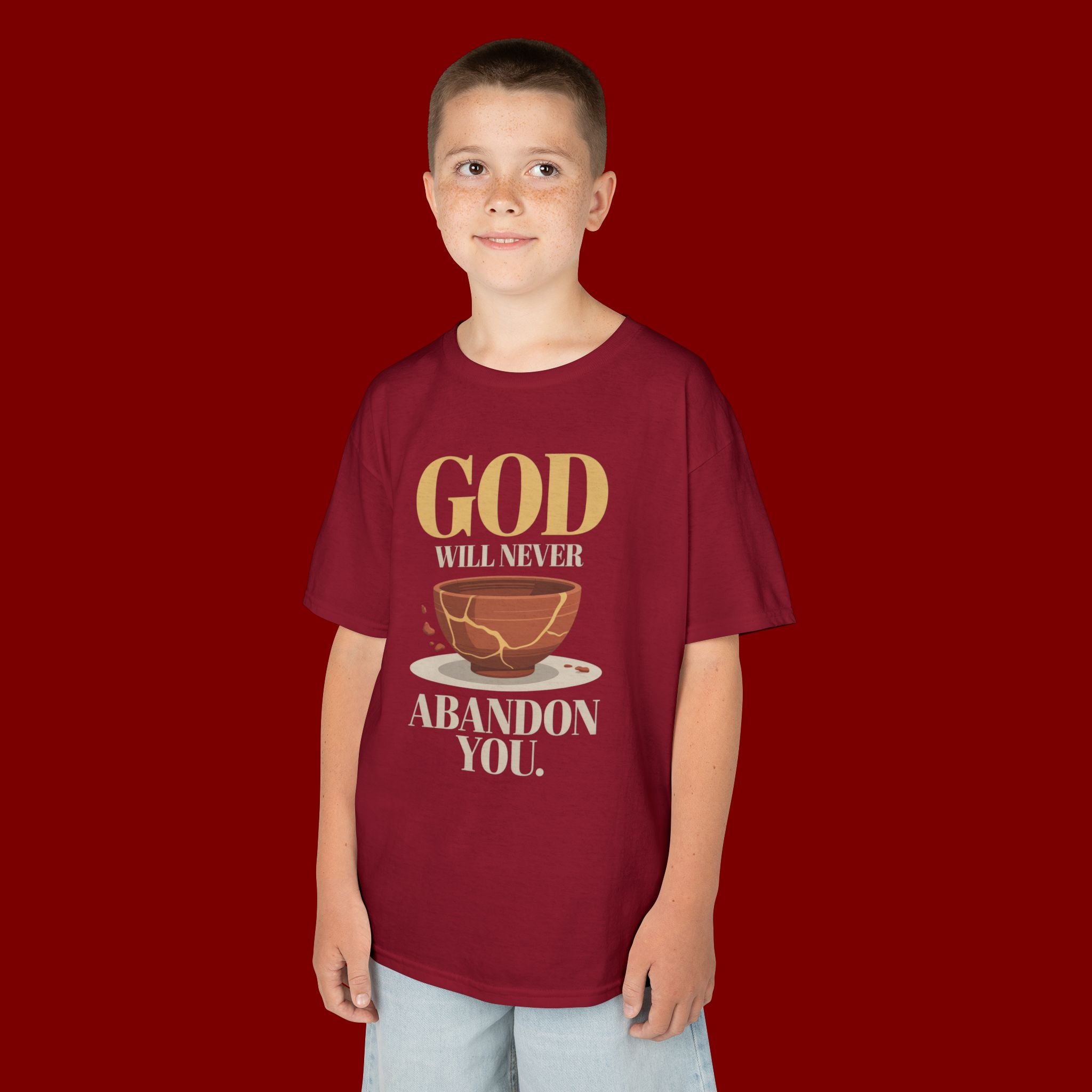 Kids Tee — "God Will Never Abandon You" Faith Graphic