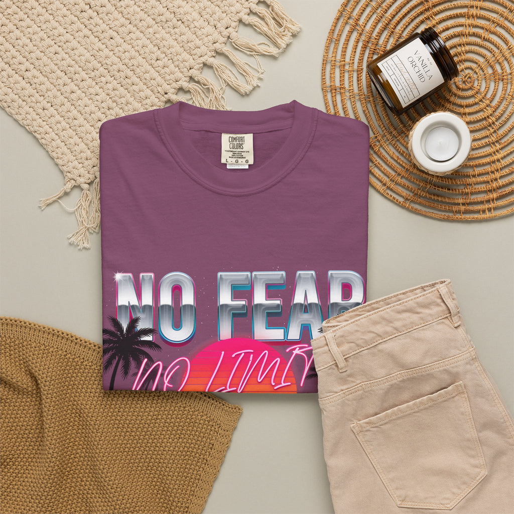 No Fear, No Excuses T-Shirt — Retro Sunset Palm Graphic Tee