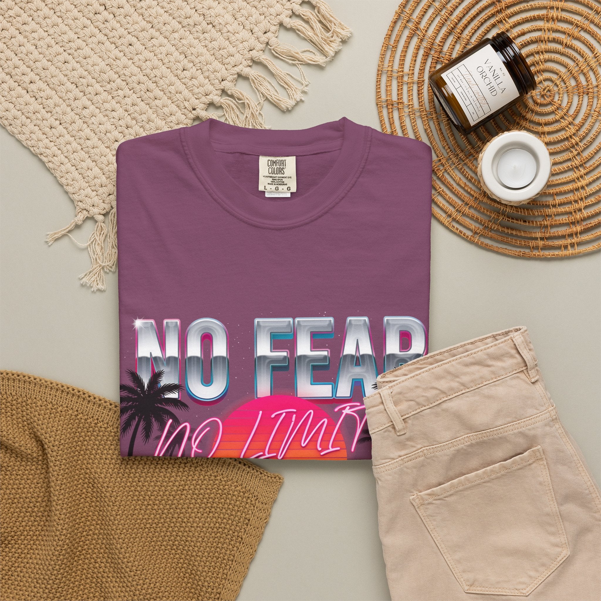 No Fear, No Excuses T-Shirt — Retro Sunset Palm Graphic Tee