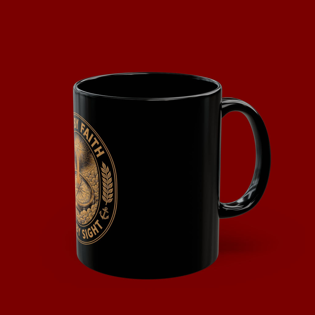 Live by Faith Black Mug — Inspirational Christian Coffee Cup ("Live by Faith Not by Sight")