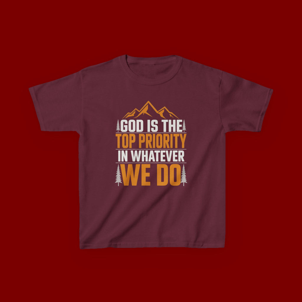 Kids Tee - "God Is the Top Priority in Whatever We Do" Faith Mountain Graphic