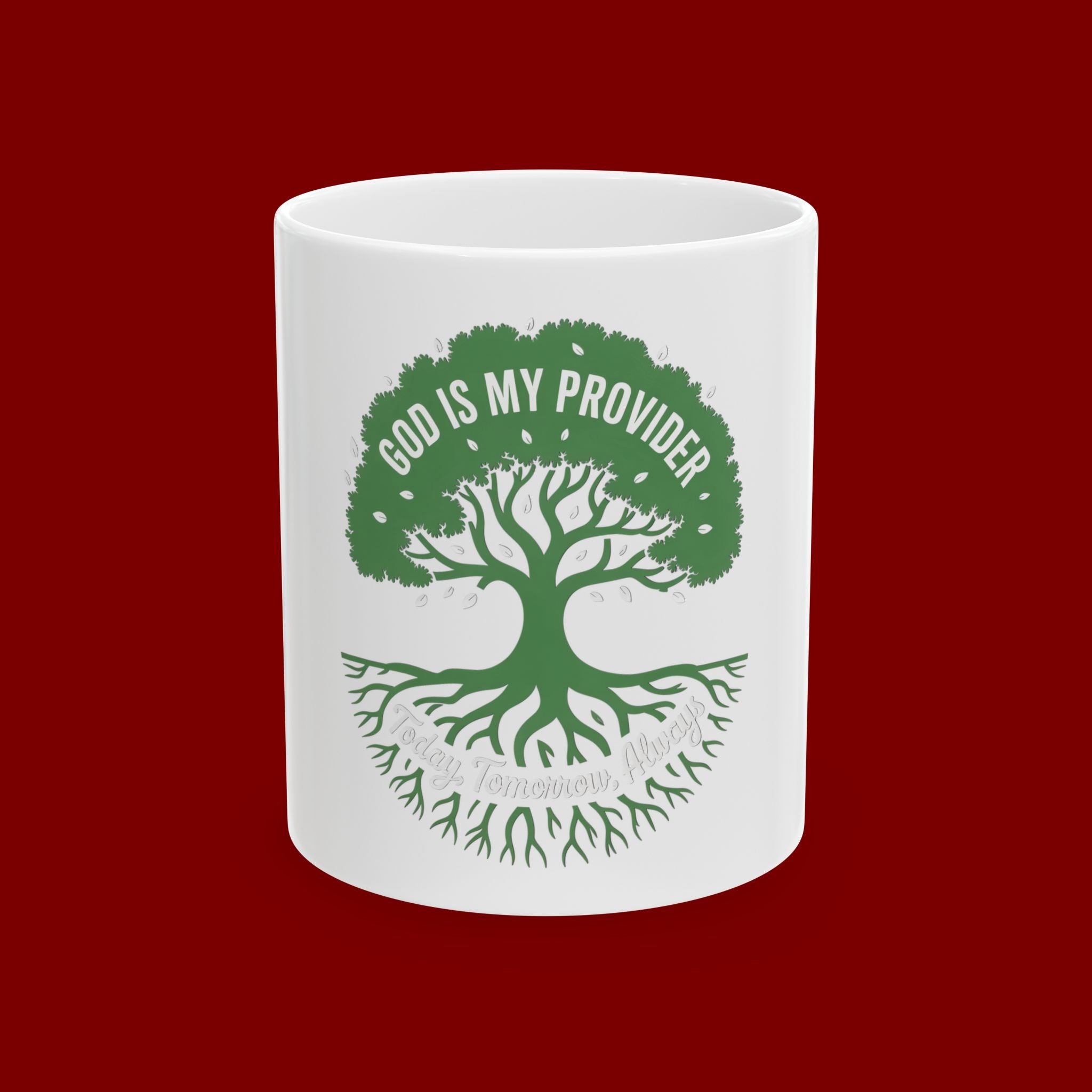 Ceramic Mug – "God Is My Provider" Green Tree Faith Coffee Cup (11oz & 15oz)
