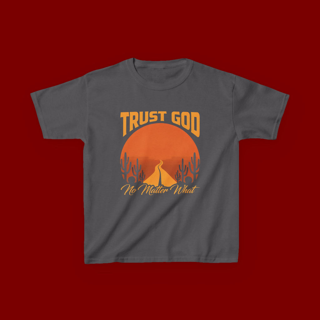 Kids Tee — "Trust God No Matter What" Sunset Camping Graphic