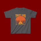 Kids Tee — "Trust God No Matter What" Sunset Camping Graphic