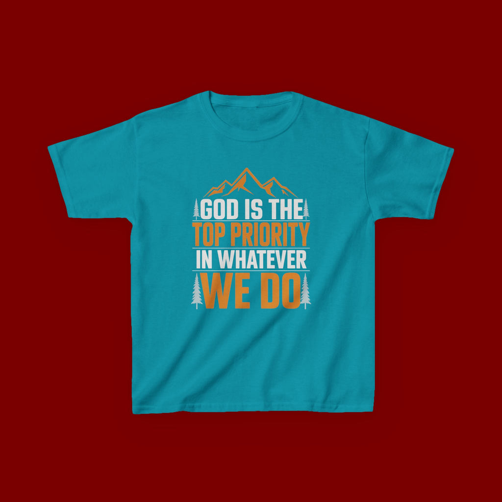 Kids Tee - "God Is the Top Priority in Whatever We Do" Faith Mountain Graphic