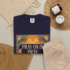 T-Shirt — Retro Sunset Floral Graphic “Play On It, Pray Over It, Pray Through It”